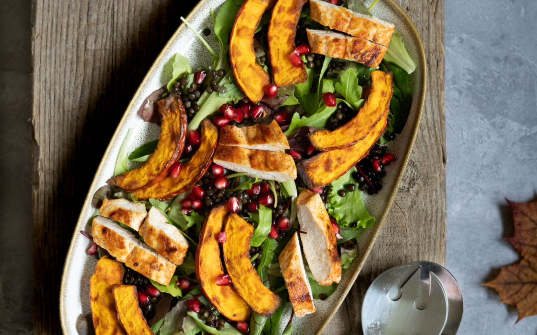 Airfryer Kürbis-Bowl mit Hähnchen & Belugalinsen – warm, eiweißreich & sättigend